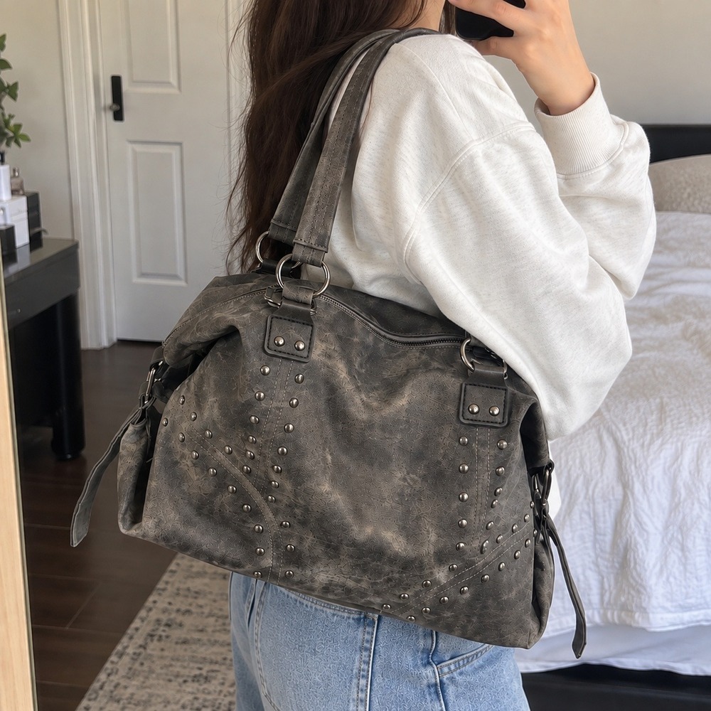 Charcoal Gray Distressed Studded Canvas Hobo Shoulder Bag Slouchy Oversized